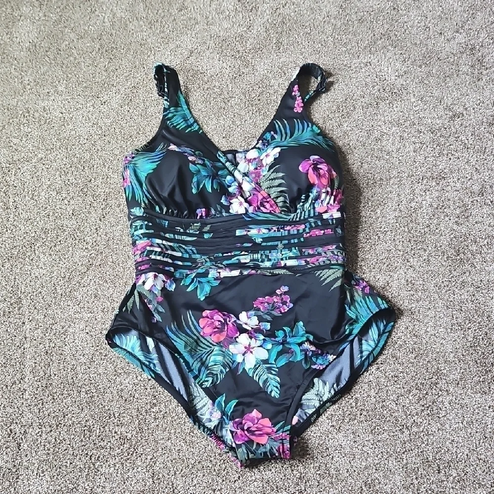 Aqua Green Floral One Piece Swimsuit - Black and Pink